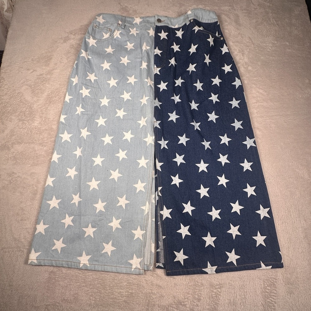 ODDI Star Print Colorblock Denim Midi Skirt Women's Plus Size 3X USA Slit - Picture 2 of 7